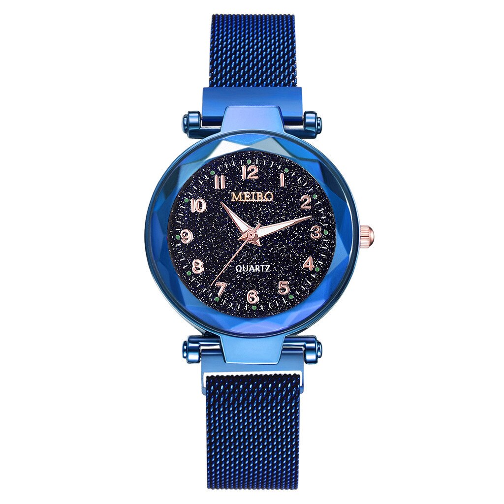 Otoky Watch Quartz Women Watches Starry Sky Watch Ladies Flat Glass Quartz Wristwatch Mesh Magnetic Clock Ladies: Blue