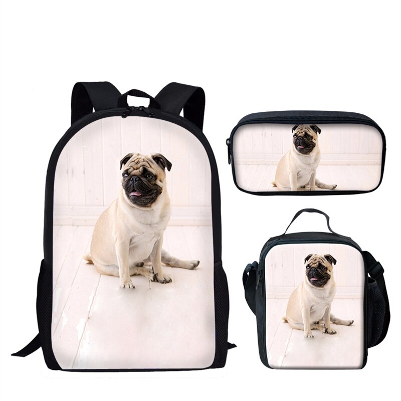 Nopersonality Teenager Girls Pug School BookBag Puppy Bagpack School Bag Print 3Pcs Kids Children Black Backpacks Women Mochilas: L1644CGK