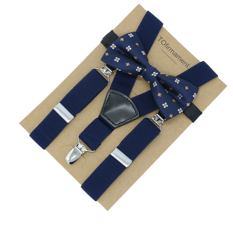Fan shape leather solid kids event party suspender bow tie set adjustable 2.5cm width kraft paper packed baby