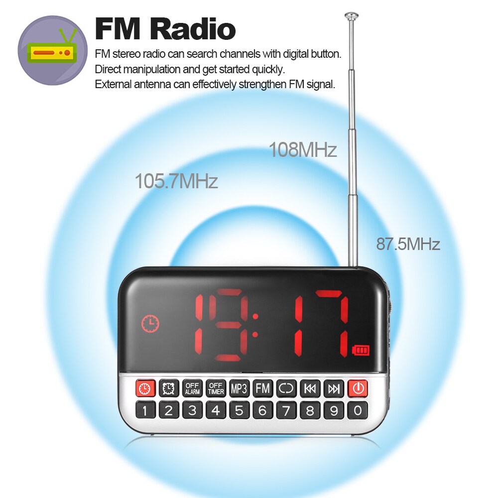 Longruner FM Radio Digital Stereo Speaker 12cm LED Display Alarm Clock & Clock USB Disk TF Card AUX 1500mAh Battery