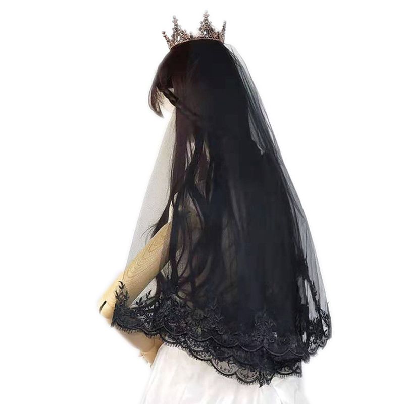 Mantilla de capa única para mujer y niña, velo negro para boda, bordado de pestañas, adorno de encaje Floral, disfraz de Cosplay de Halloween