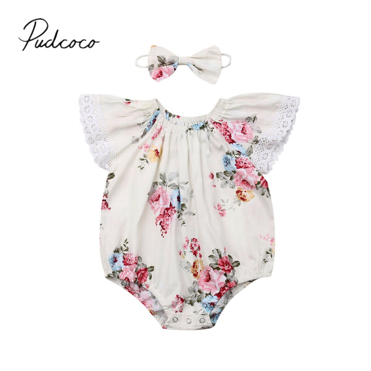 Baby Summer Clothing 0-24M Infant Baby Girls Boys Jumpsuits Headband 2pcs Floral Print Ruffles Short Sleeve Bodysuits Sets