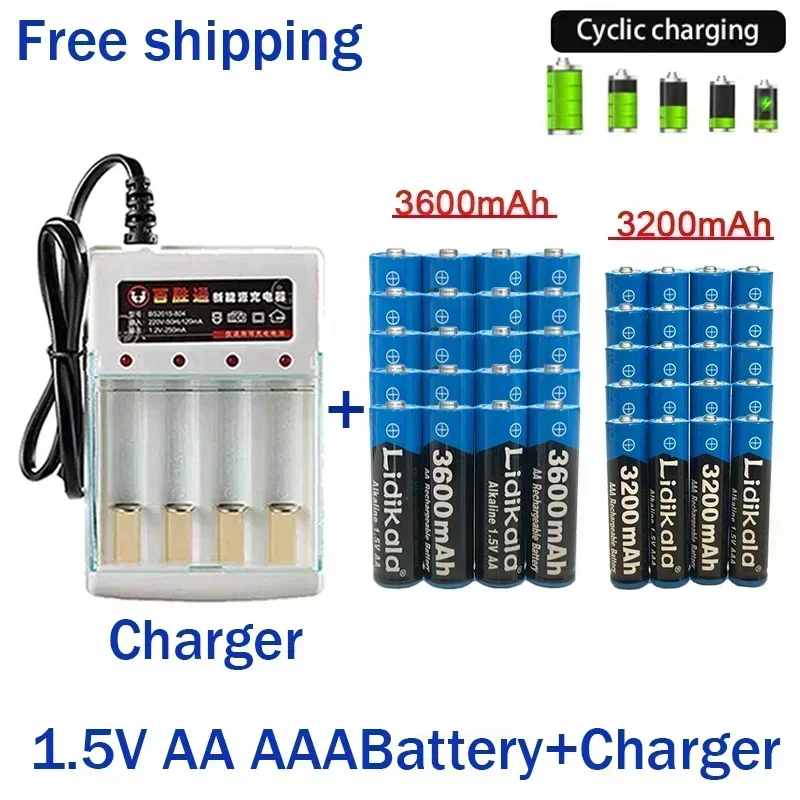 Oplaadbare batterij 1,5 V AA 3600 mAh 1,5 V AAA 3200 mAh alkalisch met oplader voor computer klokradio videogame digitale camera