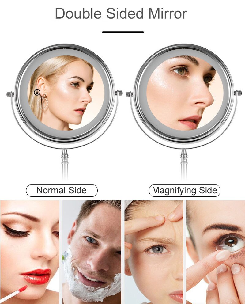 Big Size 8Inch Dubbelzijdig Vanity Make Geleid Spiegel 3X Vergroting, 3 Kleuren Touch Control, tafelblad Cosmetische Spiegel