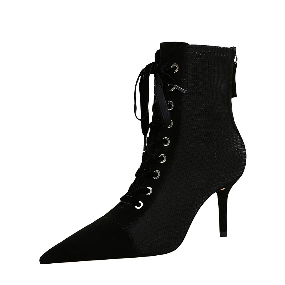 patchwork Ankle Boots Women zip Pointed Toe shoes High Heels cross strap short boot black Zapatos De Mujer