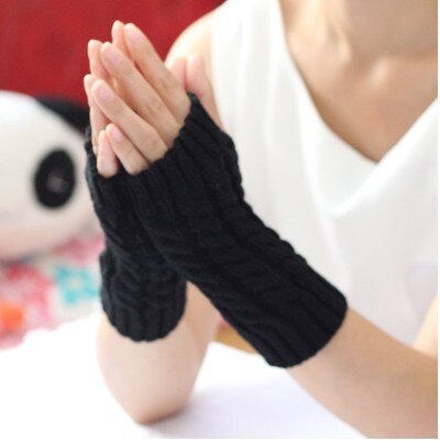 Guantes de invierno para mujer, manoplas cálidas de lana de imitación, de ganchillo, para brazo, sin dedos: Black