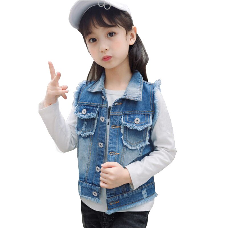 Spring Girls Vests Causal Sleeveless Kids Jacket for Girls Ripped Girls Denim Vests Coat DQ970
