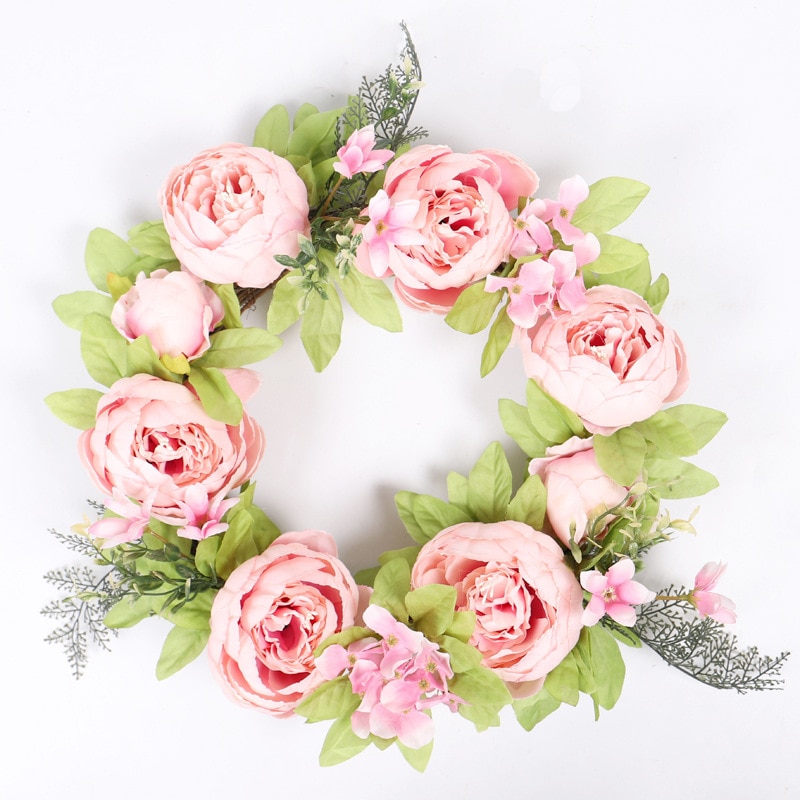 Artificial Flower Wreath Peony Wreath Spring Round Wreath for The Front Door Party Wedding Home Decor Pink Flower Garland Ring