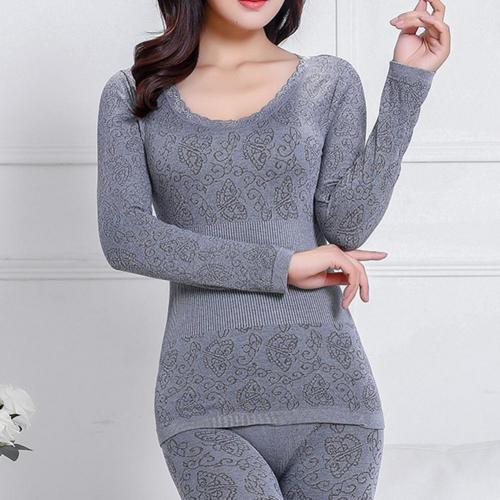 2Pcs Women Winter O Neck Top Long Pants Thermal Underwear Shaper Sleepwear Set Thermo Clothes: Grey
