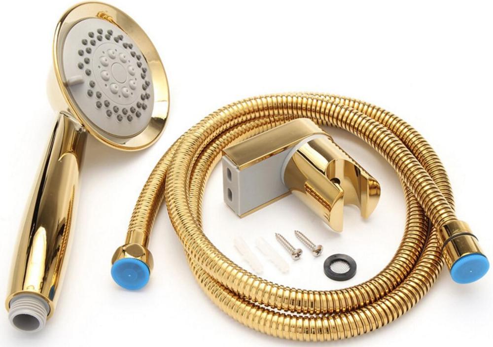 3 Function Gold Plated Hand Held Shower Head Hose and Bracket Holder Antique Gold Sprayer Multifunction Function TH: whose set b