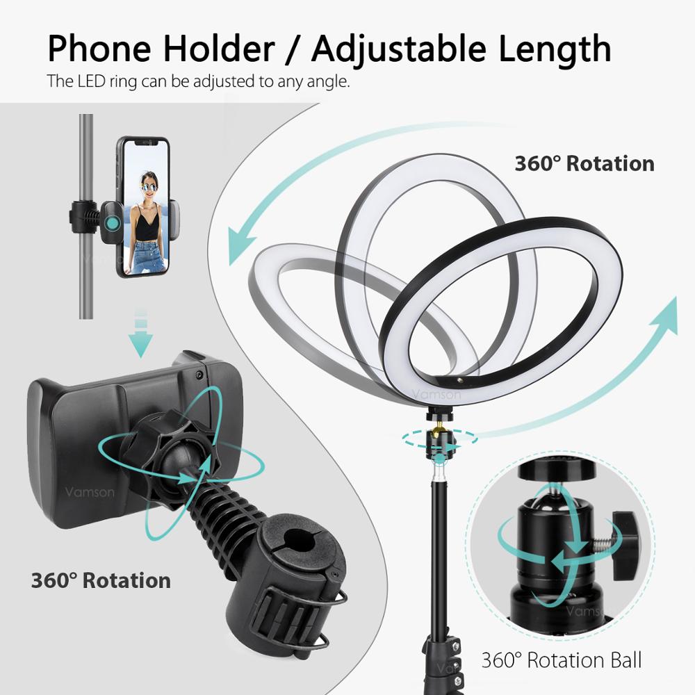 Vamson Selfie LED Anello di Luce della lampada con il Treppiedi Del Basamento Del Supporto Del Supporto Del Telefono per Streaming In Diretta/Trucco/YouTube Video Fotografia illuminazione anulare