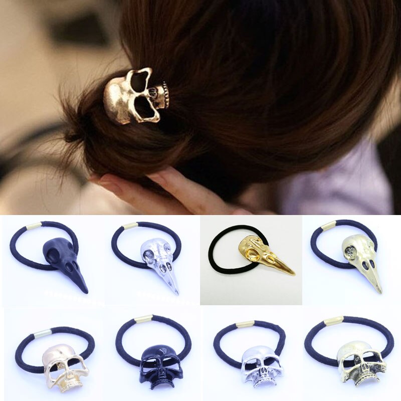 1 coletero gótico Punk para mujer, cuerda para el pelo con forma de calavera de cuervo, banda elástica cabello, goma para el pelo, accesorios para el cabello para niña y mujer