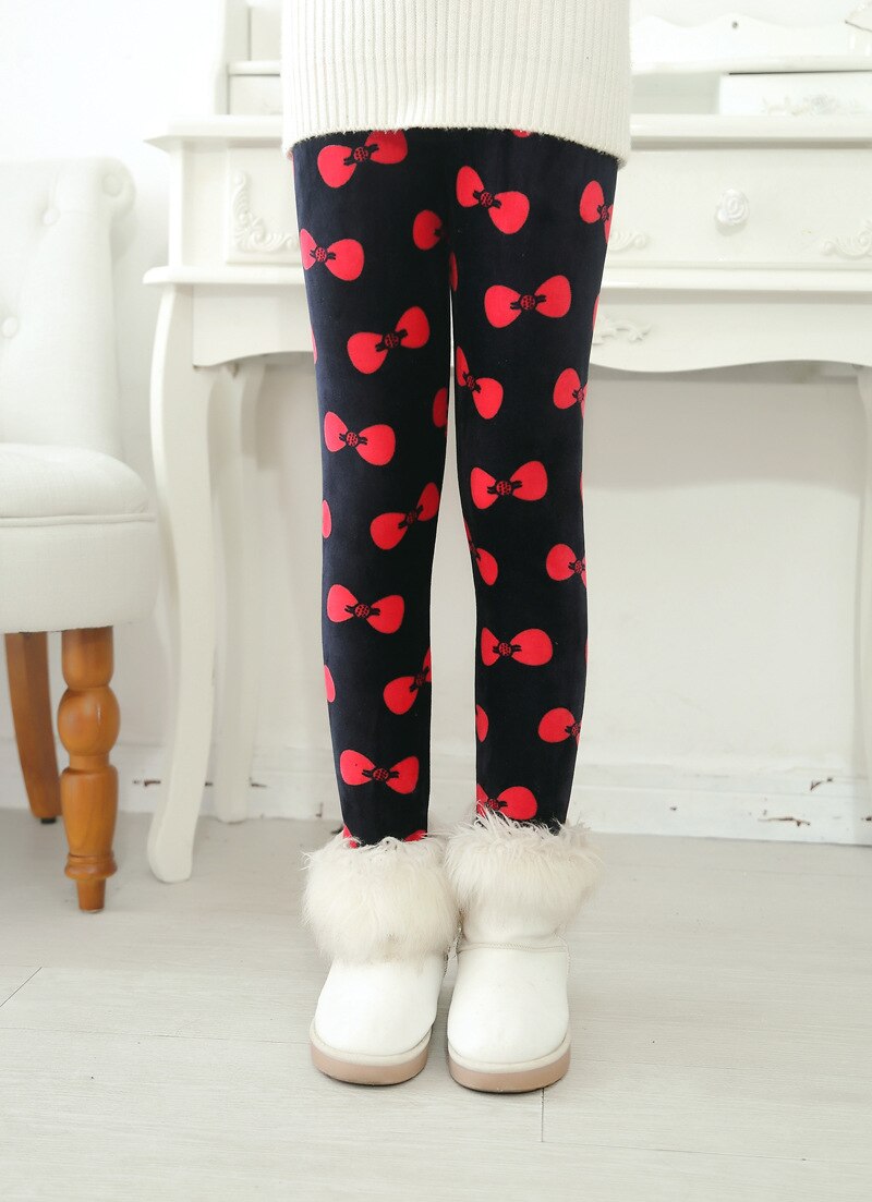 Vinter varm fløjl baby leggings piger casual leggings børn skinny underdele børn tøj rød sløjfe print sort 2 to 7 år: 3t