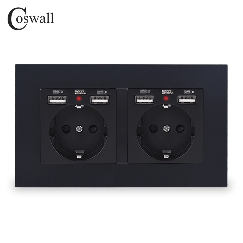 Coswall mærke 2 gang rusland spanien eu standard vægstik med 4 usb ladeport skjult blød led indikator pc panel sort hvid: Sort