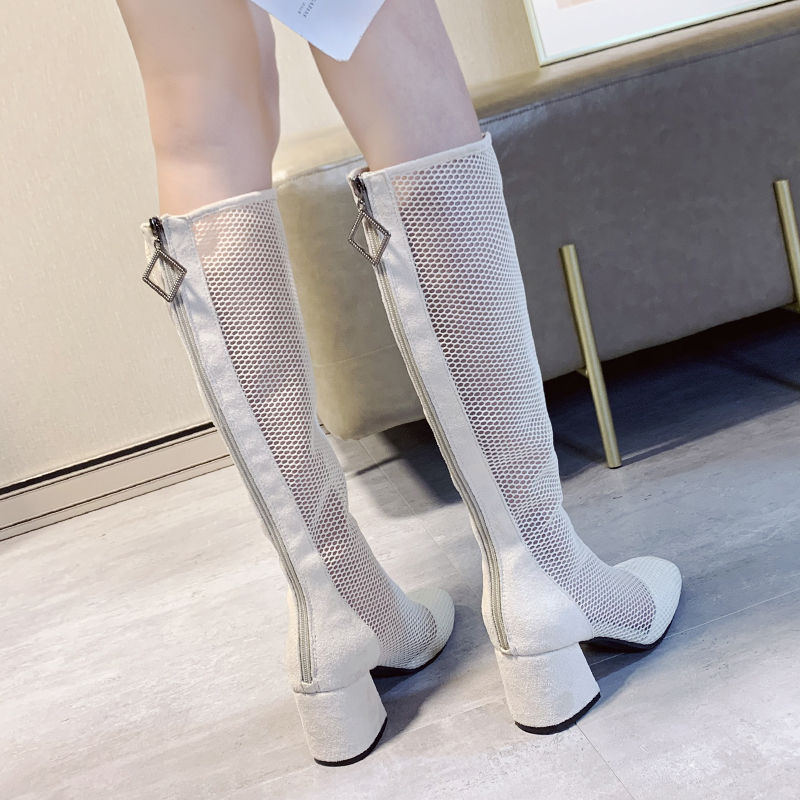 femmes genou haute maille sandales bottes mi talon femme Sexy gladiateur chaussures été botte évider noir pour femme Beige