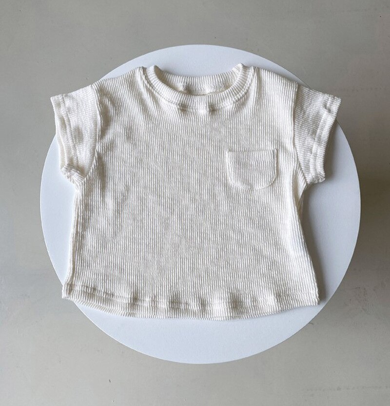 Peuter Baby Jongen Meisje Effen Draad Gedrukt Tops Zomer Kinderen Kid Katoen Elasticiteit Half Mouw T-shirt: Creamy-white / 9m