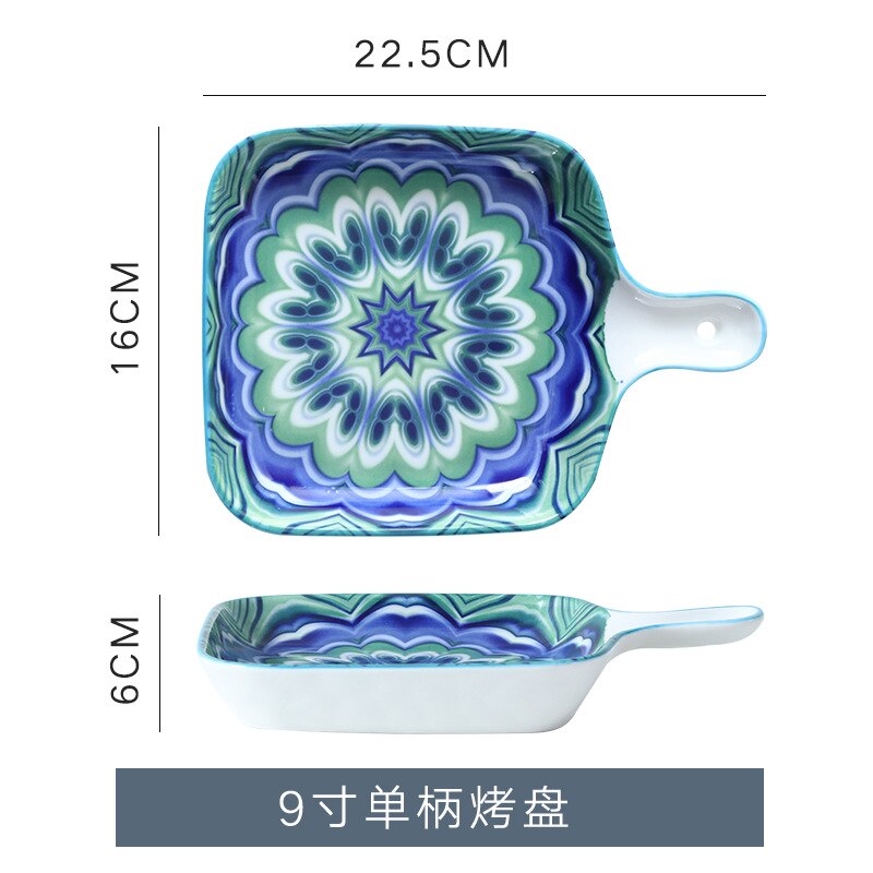 9" Bohemian Ceramic Square Salad Plates Dish Porcelain Baking Tray Dinner Plates Western Dish Japanese Household Dishware Plate: A