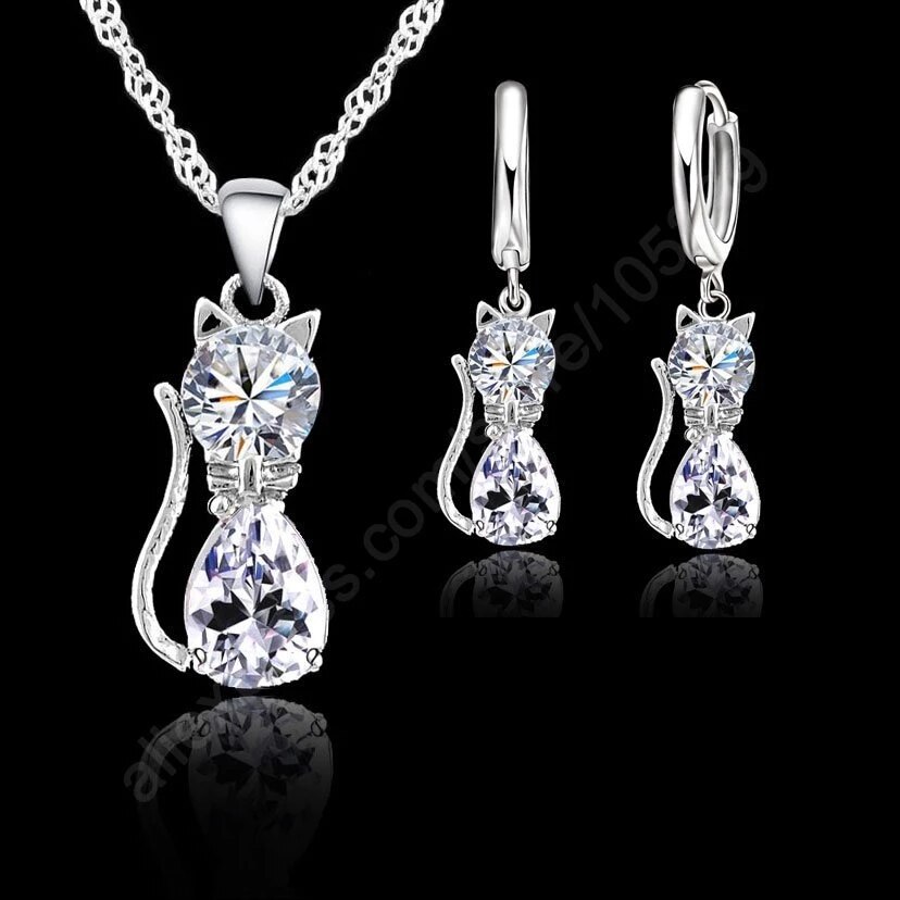 Mooie 925 Sterling Zilveren Sieraden Sets Voor Vrouwen Meisje Leuke Kat Zirconia Crystal Hanger Ketting Oorbellen: S10301