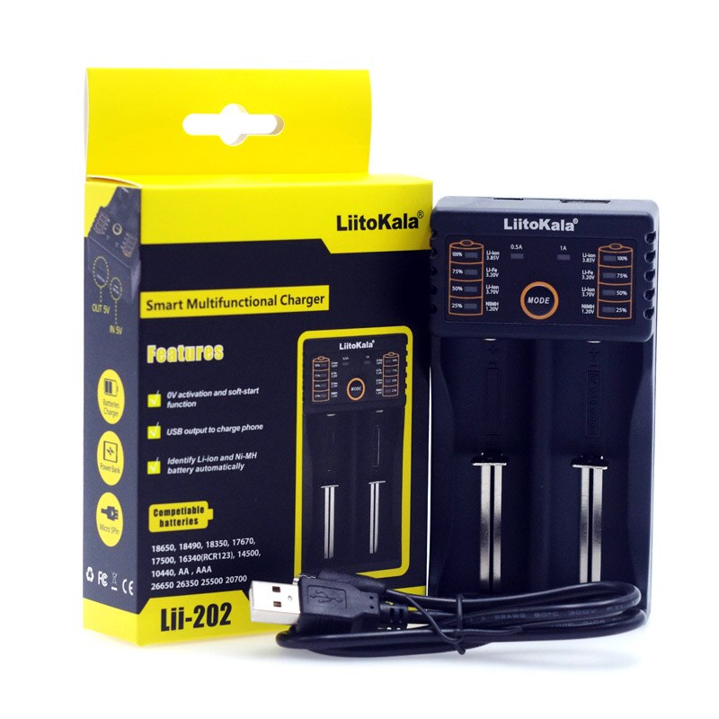 Liitokala lii -500 pd4 pl4 402 202 s1 s2 batterilader til 18650 26650 21700 aa aaa 3.7v/3.2v/1.2v litium nimh batteri: Lii -202 lader