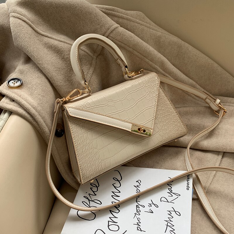 Luxe dames schoudertas met kleine effen kleur, leren crossbody tas met stenen patroon voor dames, dames handtassen: Beige