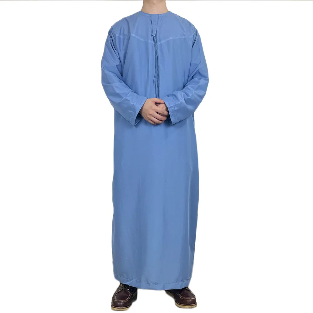 Túnica árabe para hombre, Color sólido, Jubba Thobe de con bolsillo, cuello redondo, Abaya larga, hombre islámico, Djellaba, caftán marroquí: S / Azul