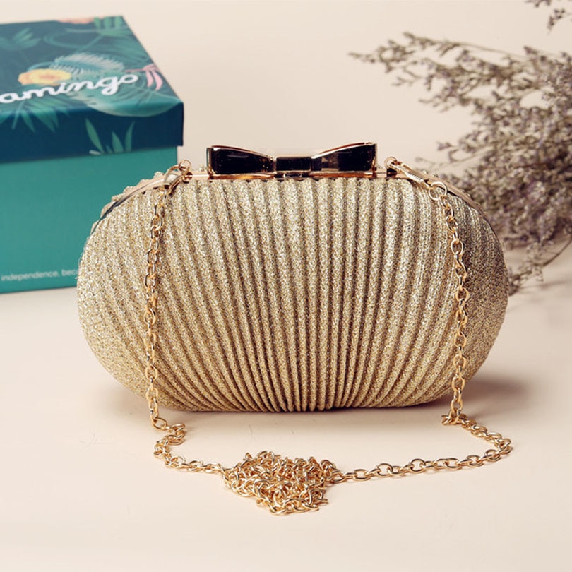 Women Ruched Clutch Evening Bag Ladies Party Wedding Bride Wallet Day Clutch Makeup Bags Crossbody Bag: Gold Small