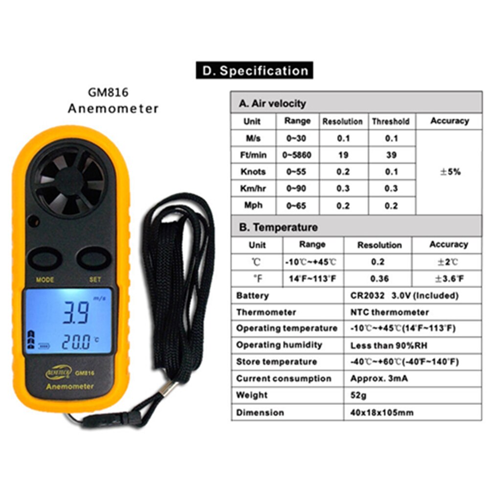 Digital Anemometer GM816 Mini Wind Speed Gauge Air Velocity Airflow Meter 0-30m/s -10~45C with LCD Back Light Display