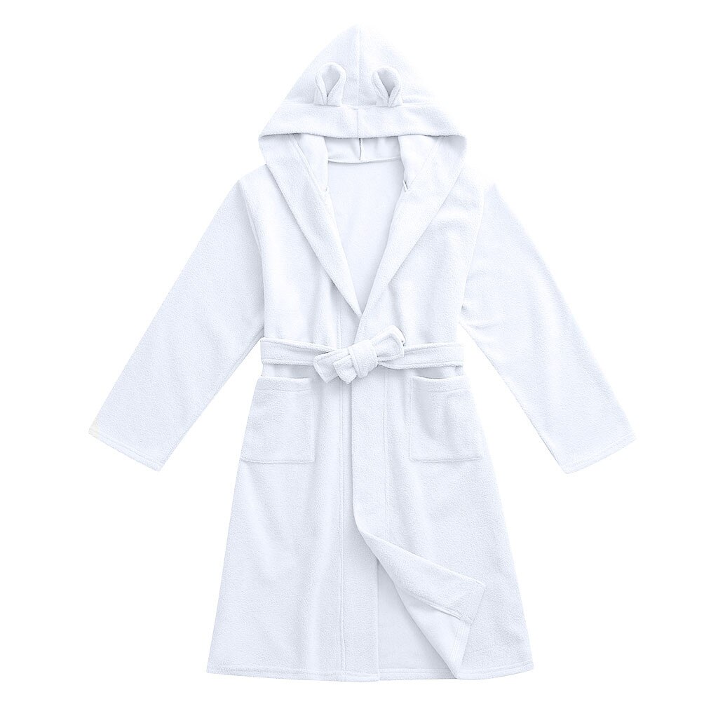 Toddler Boys Girls bathrobes children robe in cotton Solid Hooded Flannel Bathrobes Towel Night-Gown Sleepwear #WS: White / 5