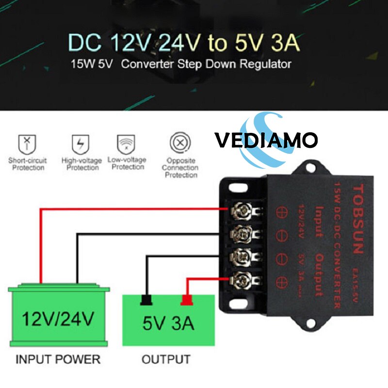 DC 12V 24V to 5V 3A 15W Converter Regulator Power Supplies Transformer Converter DC Power Converter Accessories Tools