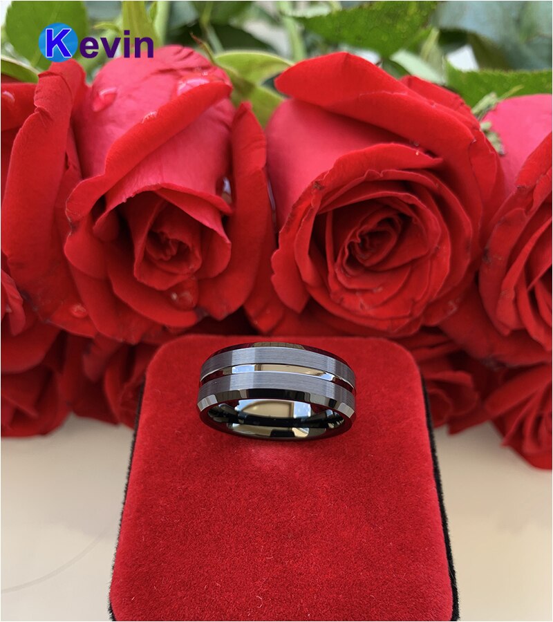 Bague classique en carbure de tungstène noir, bague de mariage, 8MM, finition brossée Center rainuré confortable