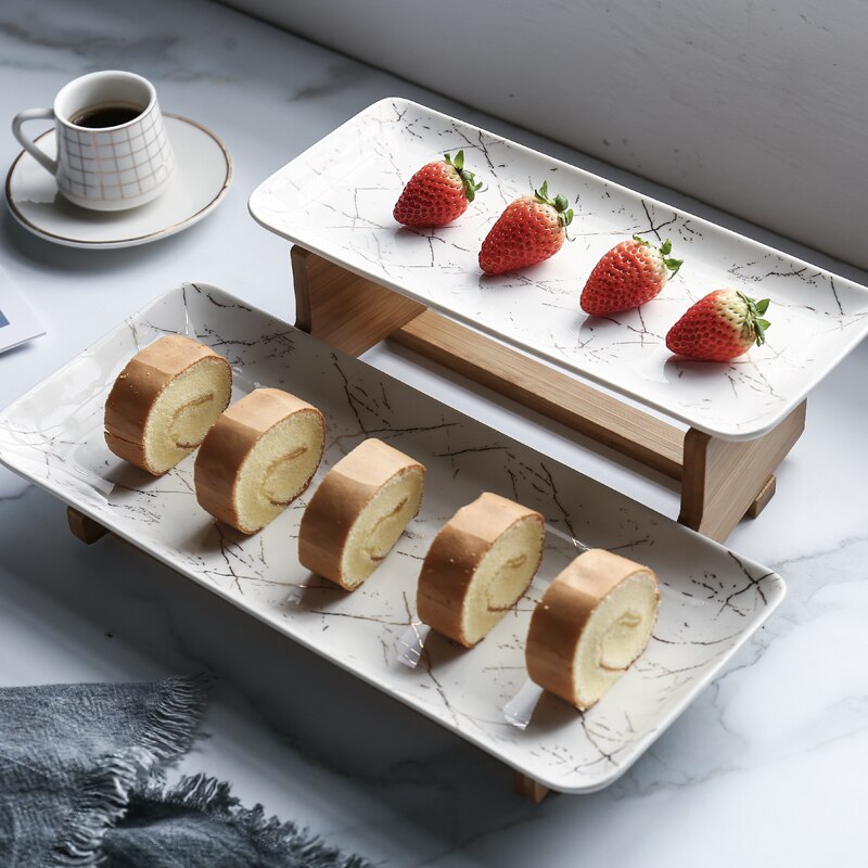 Ceramic Plate White with Stand Afternoon Tea Snack Cake Plate Restaurant Hotel Service Tray Kitchen Storage Supplies Plate Set
