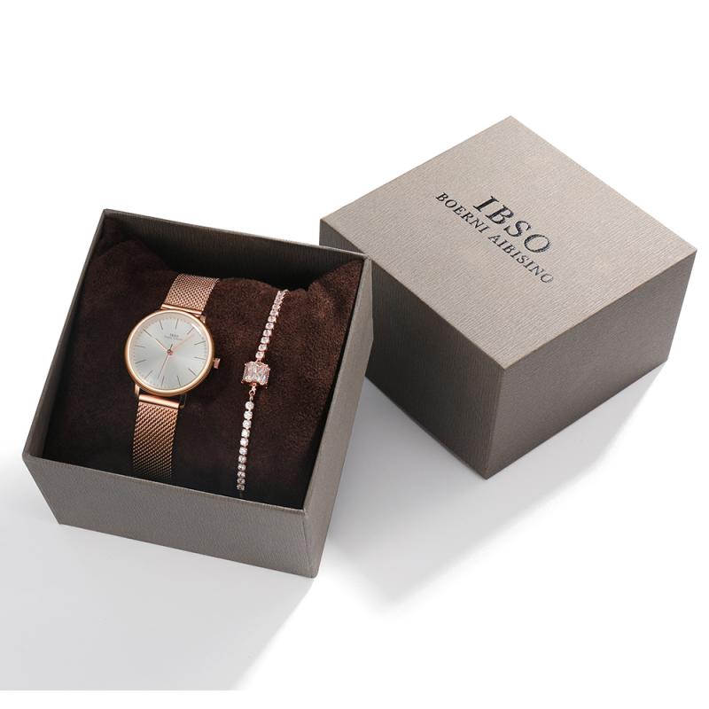IBSO – ensemble de montres Ultra fines pour femmes, 8mm, maille or Rose, bracelet en acier inoxydable, à Quartz, horloge, pour dames