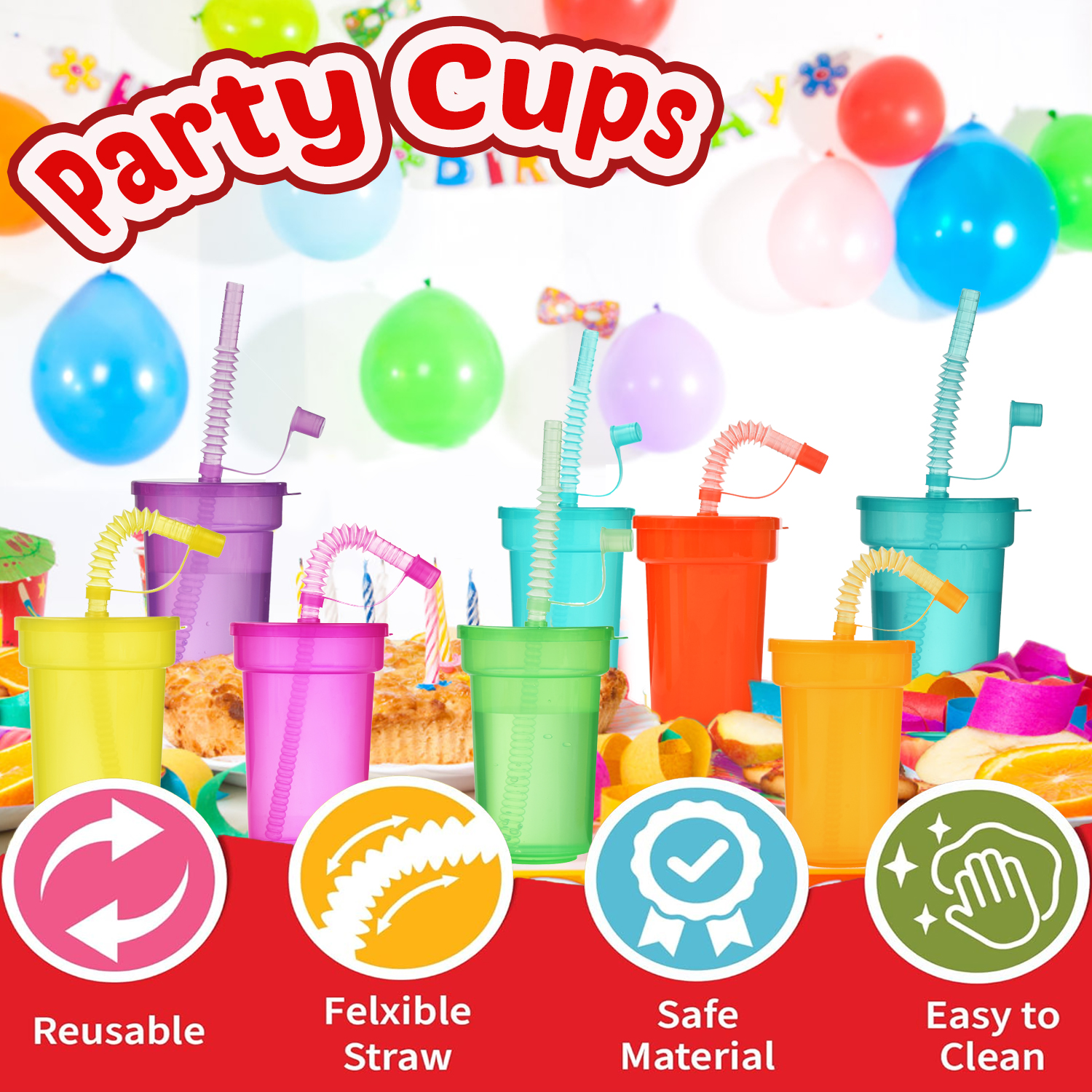 Tazas Sipper de neón: tazas coloridas y a prueba de derrames con tapas y pajitas, ideales para eventos escolares, fiestas temáticas y fiestas de cumpleaños