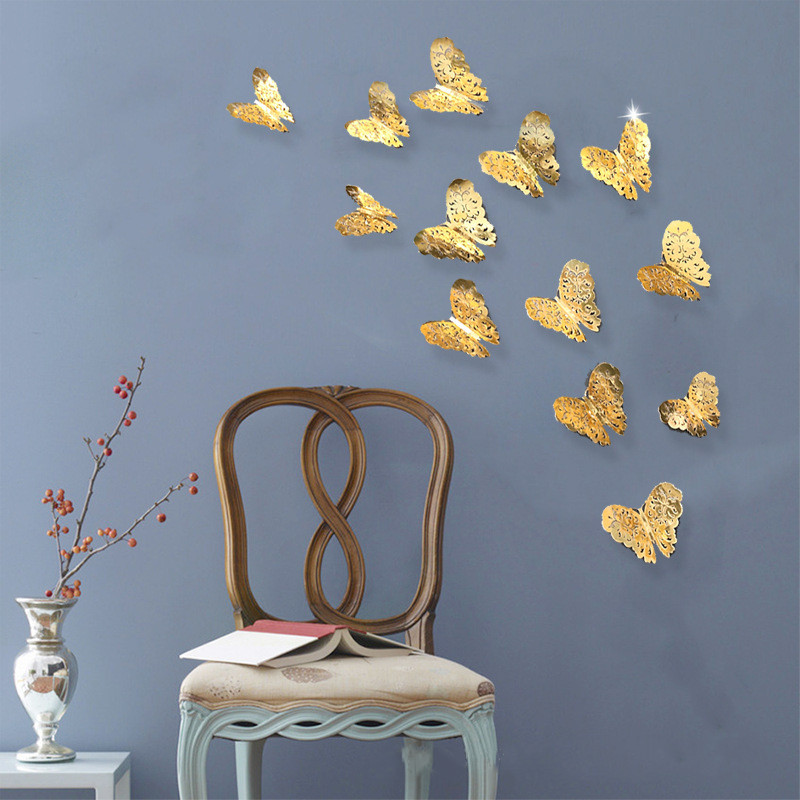 12 Pcs/Set 3D Wall Mirror Stickers Hollow Butterfly for Kids Rooms Home Wall Decor DIY Decals Fridge Stickers Room Decoration