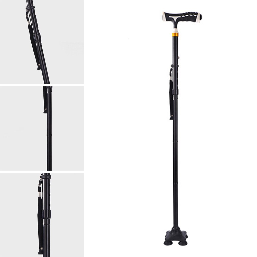 LED Light Four-legged Walking Stick Telescopic Baton Hiking Trekking Poles Metal Folding Cane Elderly People Crutches Pole: Default Title