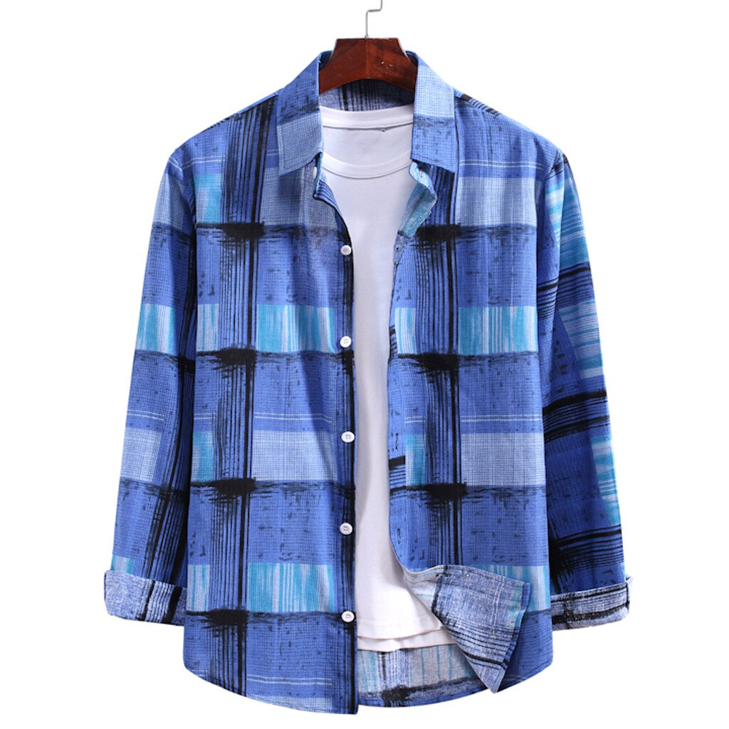 Casual camisa masculina camisa de manga comprida camisa de lapela de impressão xadrez camisa de manga comprida masculina marca baggy camisa casual chemise homme