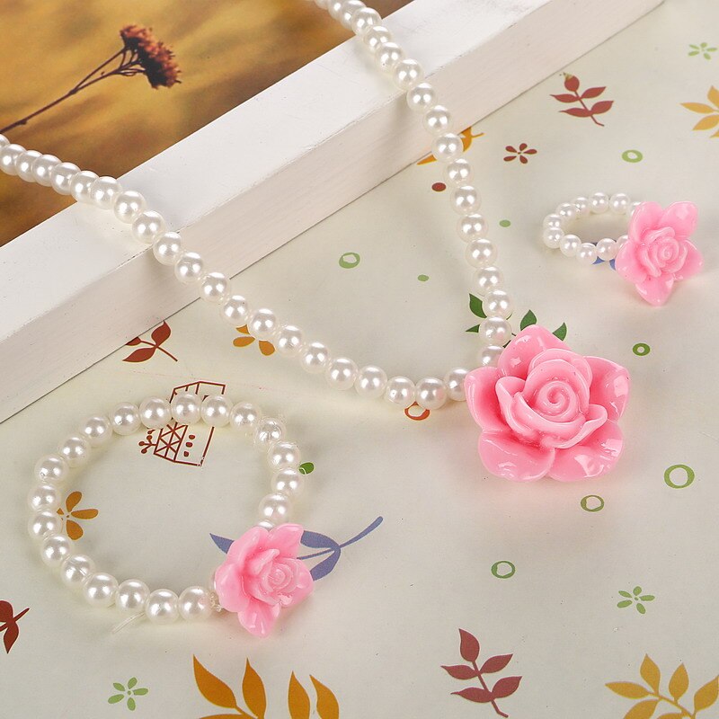 Ensemble de bijoux pour enfants, perle imitation perlée, meilleur bébé Rose fille, fleur Rose, collier, Bracelet, bague