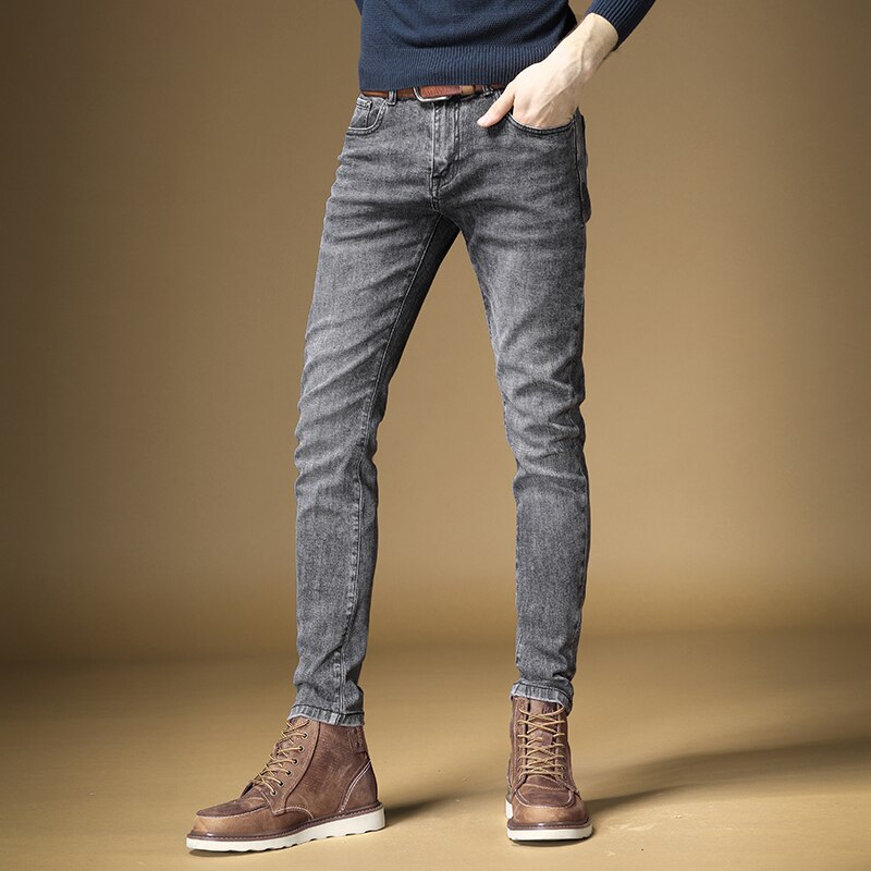 Pantalones vaqueros elásticos para hombre, ropa de calle con ajuste, para otoño e invierno, color gris oscuro