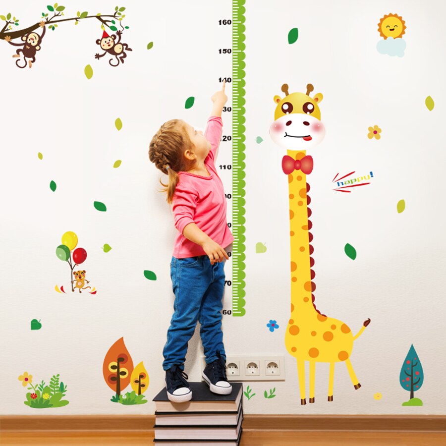 Store tegneserie giraf wallstickers boligindretning stue børn soveværelse børneværelse dekoration højde måling diagram mærkat