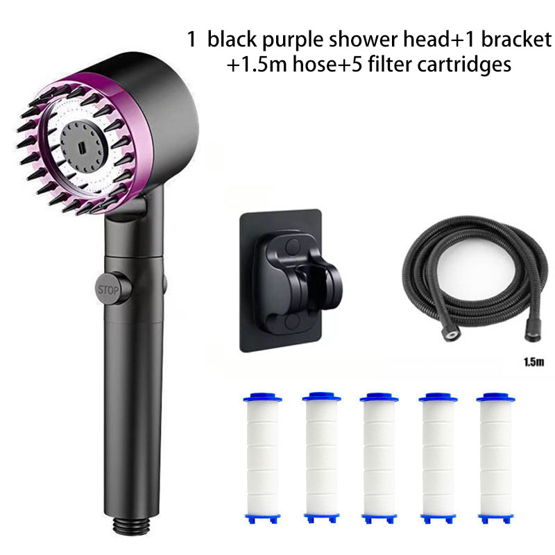 Filtro de ducha, cuatro modos, accesorios de baño, cabezal de masaje, cabezal de ducha lleno para cabezales de ducha, perillas, piezas de duchas, accesorio para el hogar: Negro