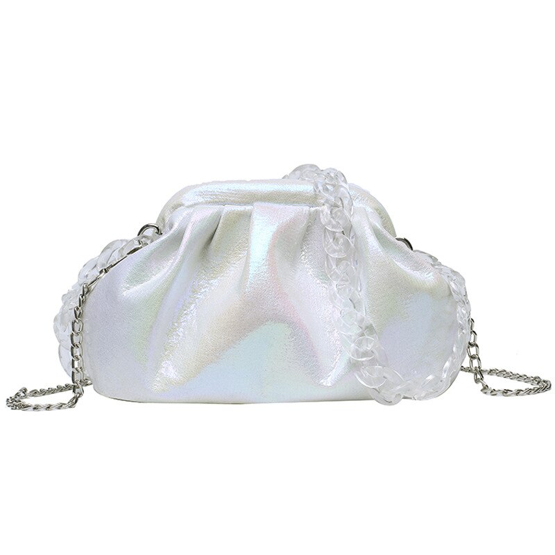 Borsa a tracolla a nuvola olografica per donna pieghe a catena elegante pochette borsa da sera per ragazza mini borsa a tracolla di lusso: L-white