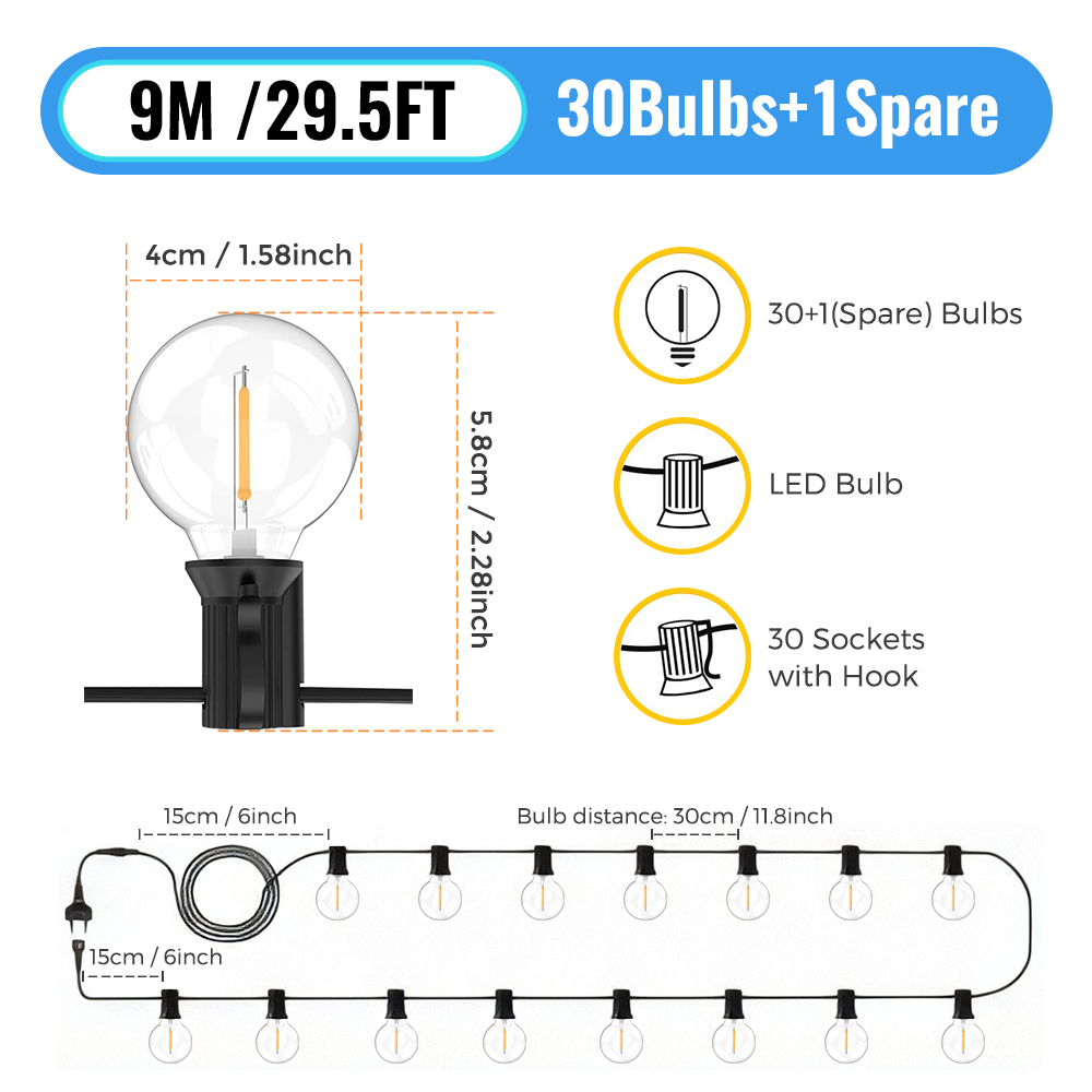 Guirnalda de luces LED tipo globo G40 de 30M para exteriores, bombillas de plástico IP65, guirnalda de balcón, lámparas de hadas para decoración de bodas, fiestas de Navidad: changeable