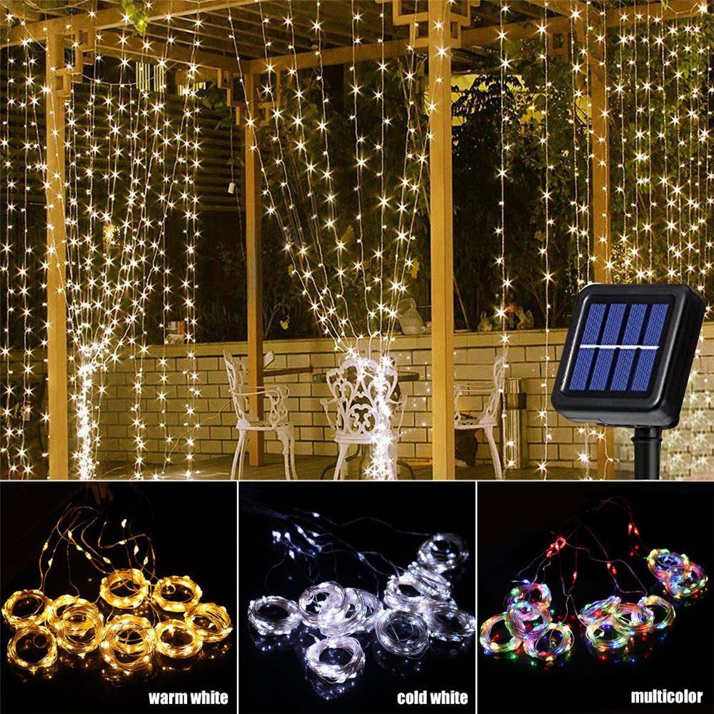 Cortina de luces alimentada por energía Solar para exteriores, guirnalda de luces impermeables de 300LED para jardín, patio, pabellón, guirnalda de luces, decoración navideña