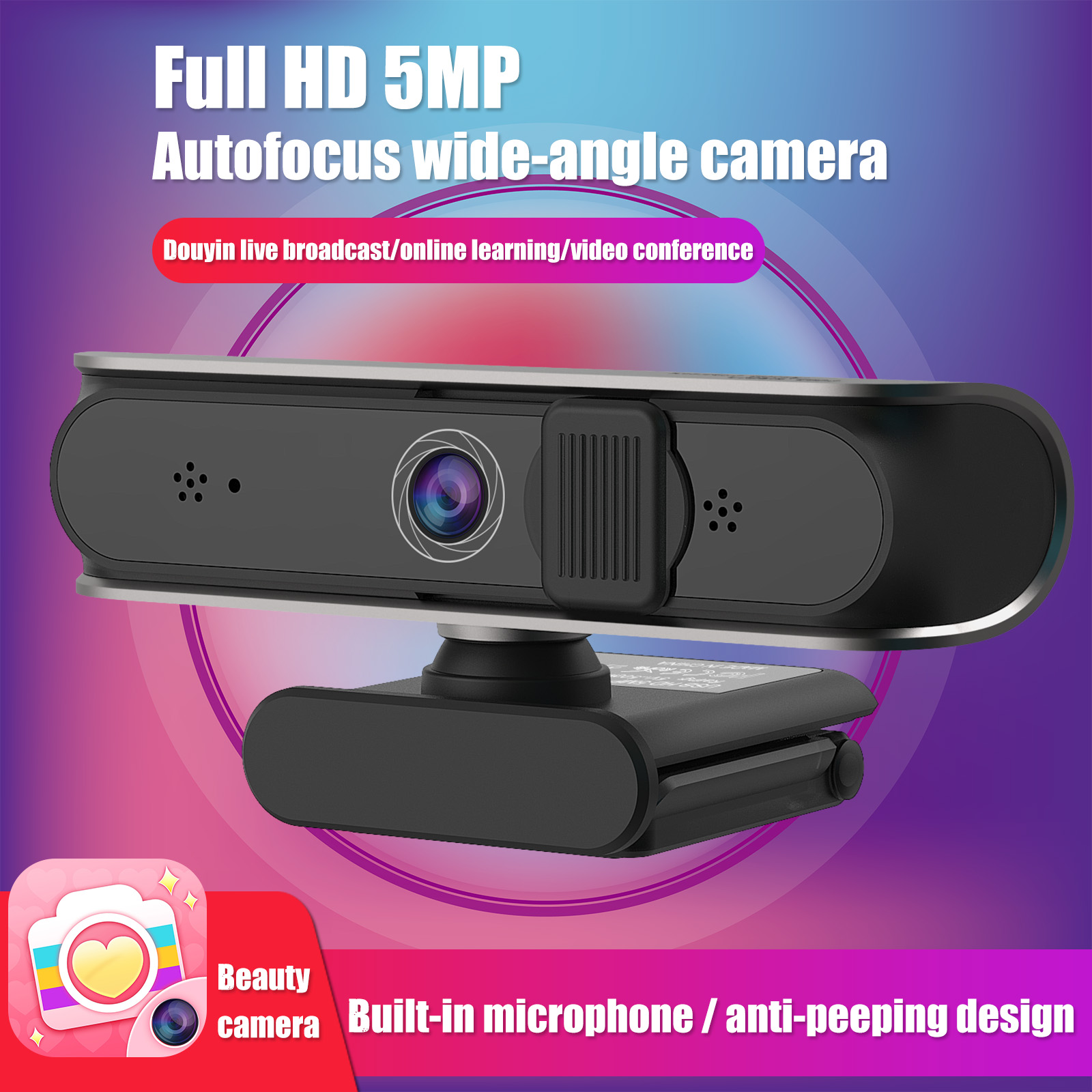 Hd Usb Computer Web Camera 5MP Snelle Autofocus 30FPS Webcam Dual Mic &amp; Cover, voor Obs/Gaming/Zoom/Skype/Facetime/Teams