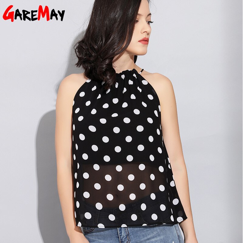 Polkaprikkede bluse off the shoulder toppe til kvinder streetwear sorte bluser dame chiffon bluse sommer