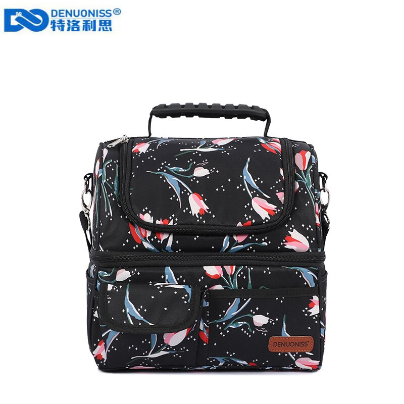 DENUONISS Druck Frauen Mittagessen Tasche Faltbare Tragbare Damen 2 Fach Picknick Tasche Isolierte Thermische Kühltasche Für Lebensmittel