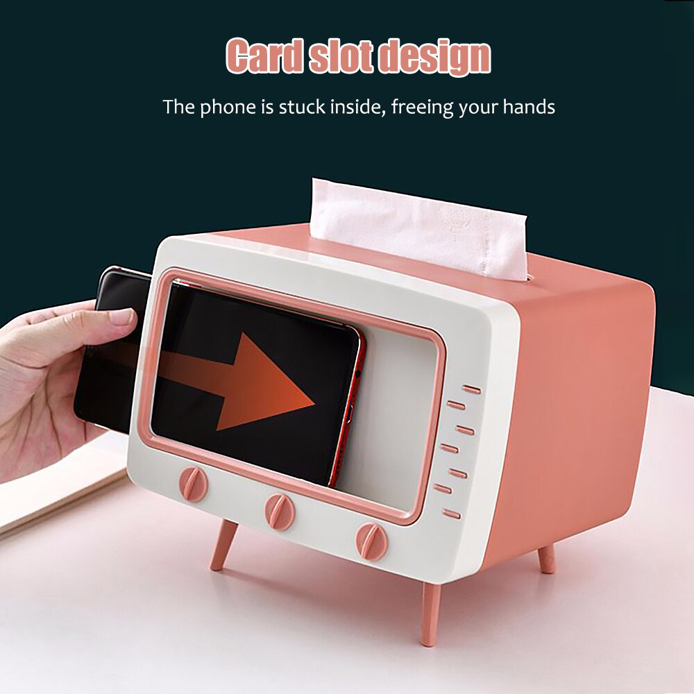 TV Tissue Box Desktop Tissue Paper Organiser Box Dispenser Storage Home Office Napkin Holder With Mobile Phone Stand