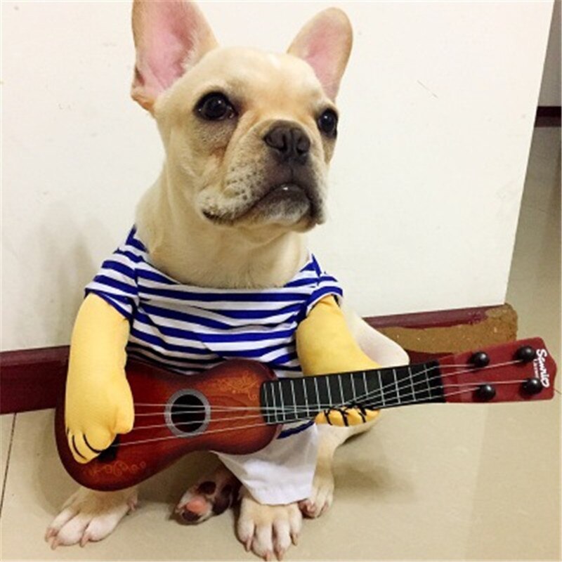 Guitarra con reproductor para mascotas, disfraz de perro, disfraz de guitarrista para de Navidad, Halloween, ropa de Año para perros y gatos, peluca grande