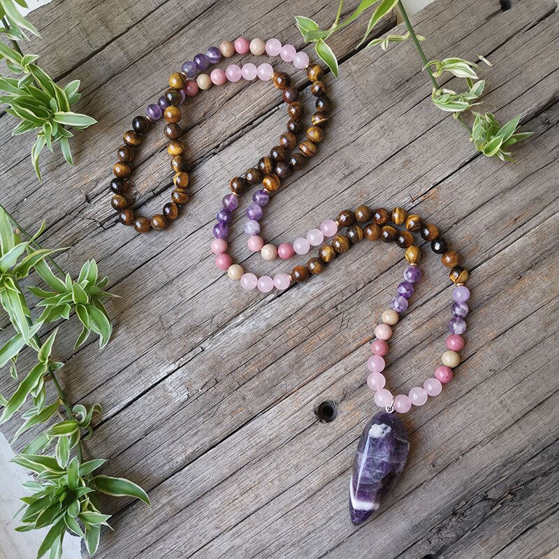 8mm Natural Stone Beads,Tigers Eye Pendant Necklace,Amethyst,Charming Bracelet,Spiritual Power Jewelry,108 Mala Beads