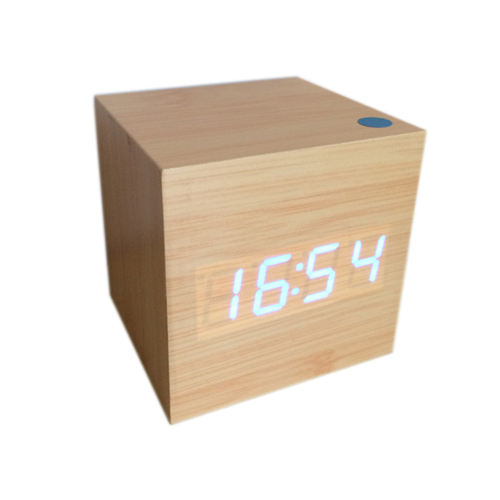 Mini cube sound control alarm clocks wooden clocks LED display cute desk Clock digital clocks AJ6029: bamboo board blue